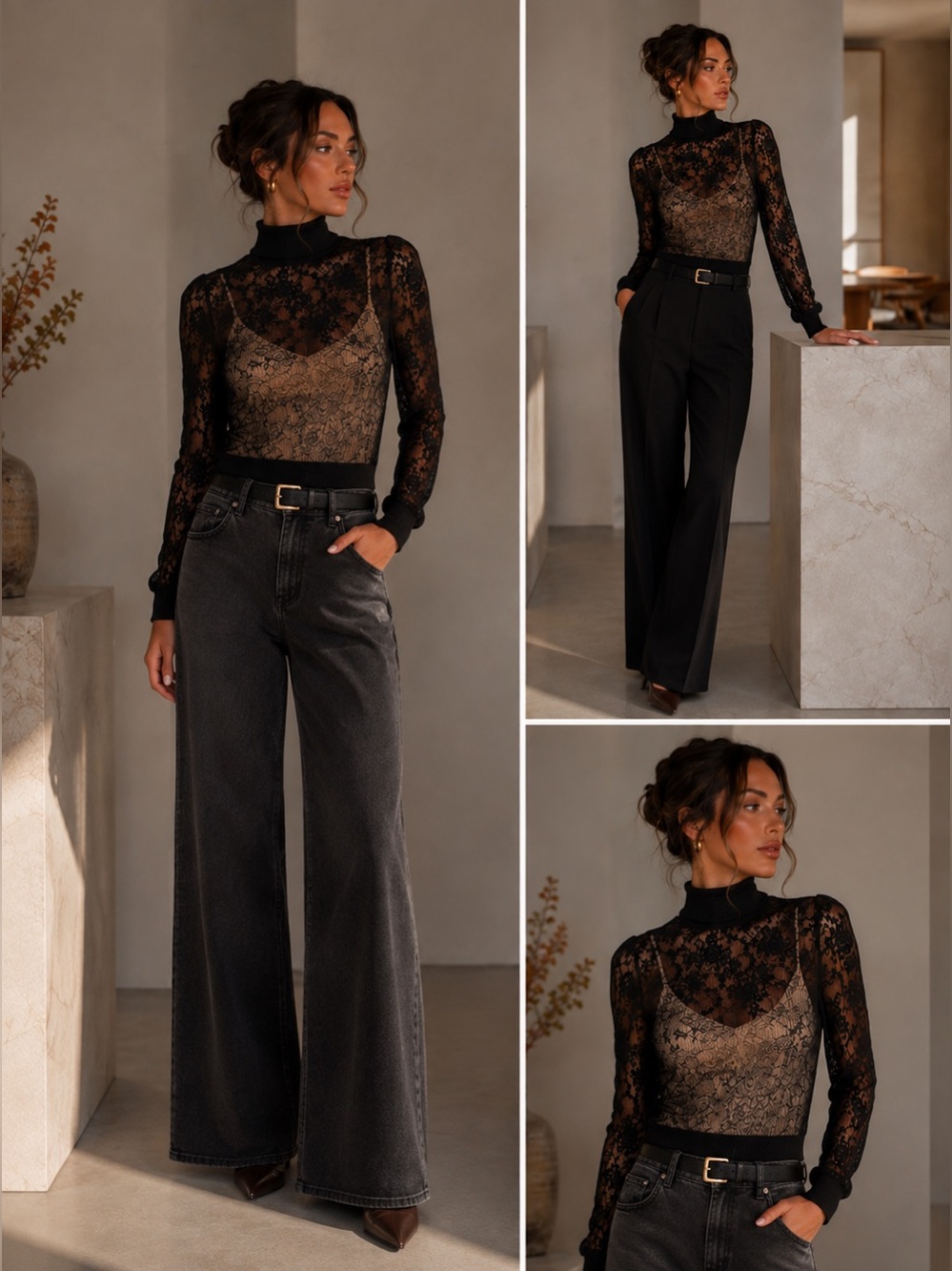 Oscar de la Renta Black Lace Layered Turtleneck Sweater Top Size S